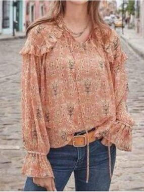 Sundance Ruffle shoulder Peasant Top Size L Relaxed Fit Peach Pink Bell Sleeve